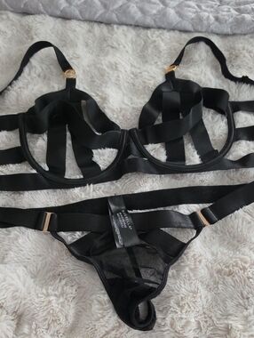 Bluebella Black Strappy Cage Bra & Thong Set with Gold Hardware